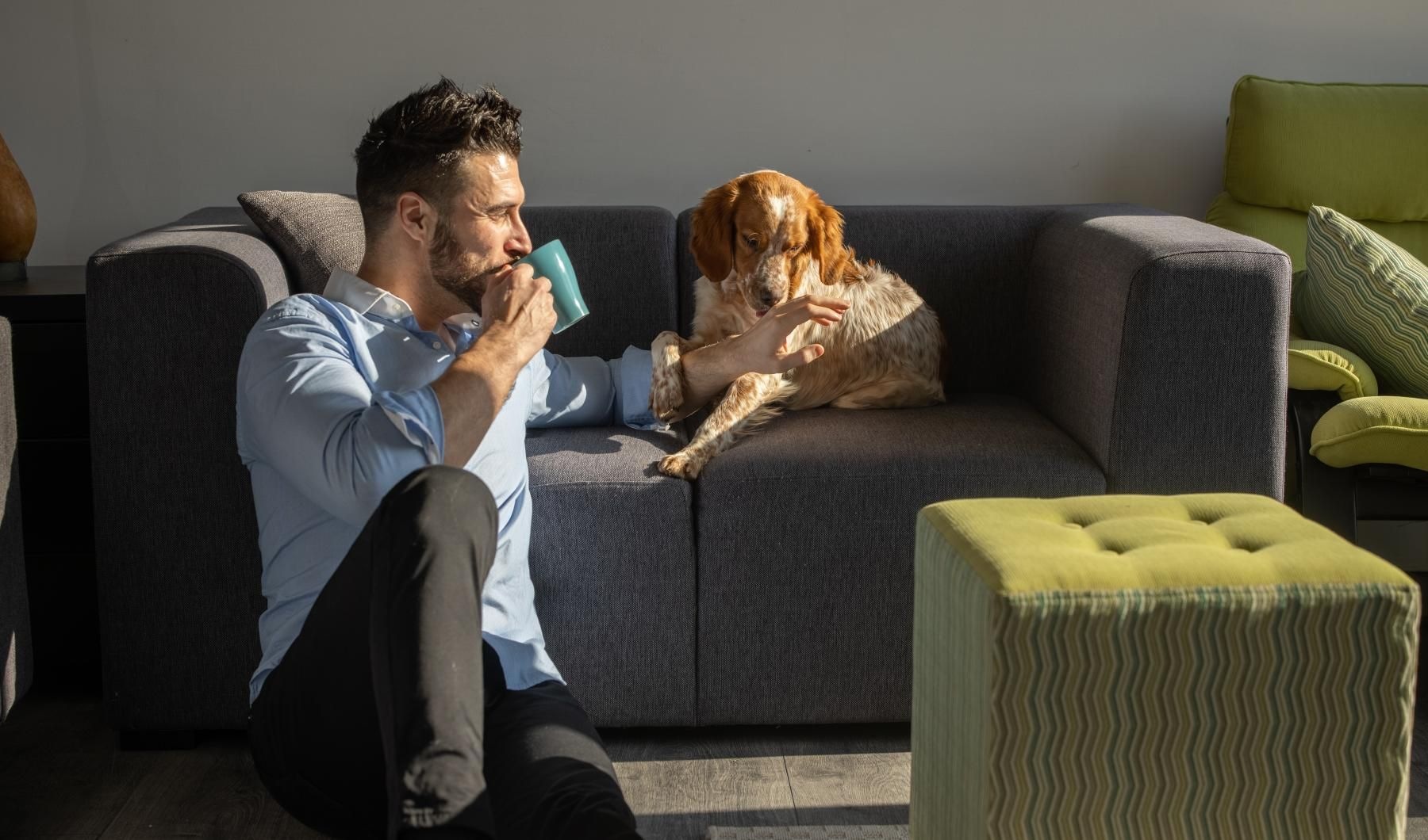 a man sitting on the floor with a dog on the couch next to him